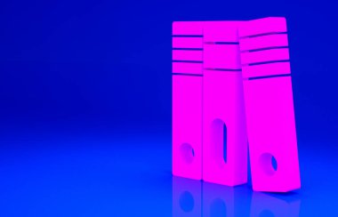 Mavi arkaplanda kağıt ve belge ikonu bulunan Pembe Ofis klasörleri. Ofis dosyaları. Dosya arşivleme işareti. Minimalizm kavramı. 3d illüstrasyon 3B canlandırma