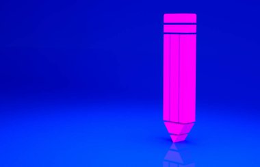 Mavi arkaplanda izole edilmiş pembe kalem simgesi. Çizim ve eğitim araçları. Okul sembolü. Minimalizm kavramı. 3d illüstrasyon 3B canlandırma