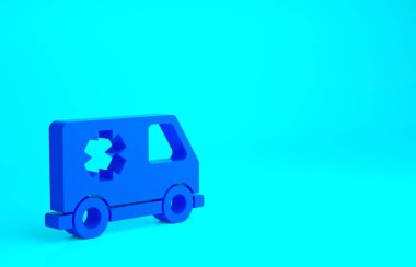 Mavi ambulans ve acil durum arabası ikonu mavi arka planda izole edildi. Ambulans aracı tıbbi tahliye. Minimalizm kavramı. 3d illüstrasyon 3B canlandırma