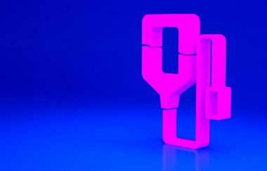 Mavi arkaplanda izole edilmiş pembe serum torbası ikonu. Kan torbası. Kan bağışı konsepti. Tedavi ve terapi kavramı, kemoterapi. Minimalizm kavramı. 3d illüstrasyon 3B canlandırma