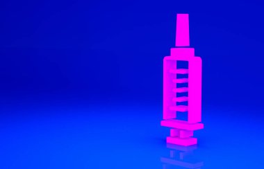Mavi arkaplanda pembe şırınga simgesi izole edildi. Aşı için şırınga, aşı, iğne, grip aşısı. Tıbbi ekipman. Minimalizm kavramı. 3d illüstrasyon 3B canlandırma