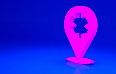 Mavi arka planda hastane çapraz ikonu olan pembe tıbbi harita işaretçisi. Minimalizm kavramı. 3d illüstrasyon 3B canlandırma