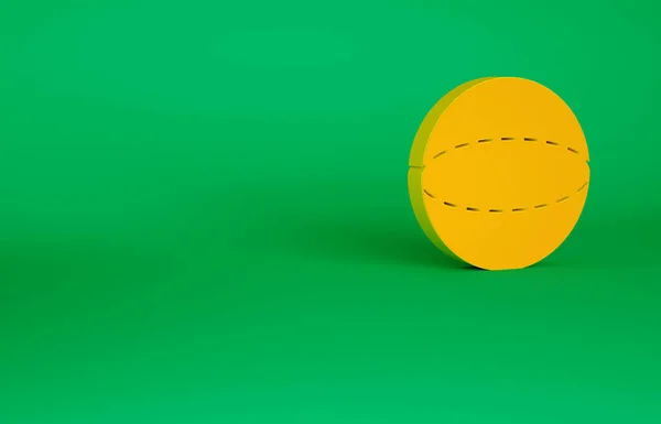 オレンジ色の幾何学的図形緑色の背景に孤立した球体アイコン。抽象的な形。幾何学的装飾。最小限の概念。3Dイラスト3Dレンダリング — ストック写真