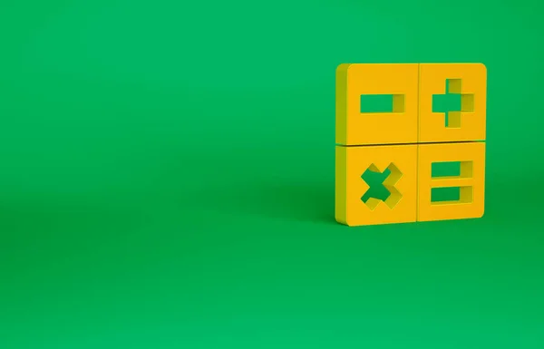 Orange Calculator icon isolated on green background. Accounting symbol. Business calculations mathematics education and finance. Minimalism concept. 3d illustration 3D render