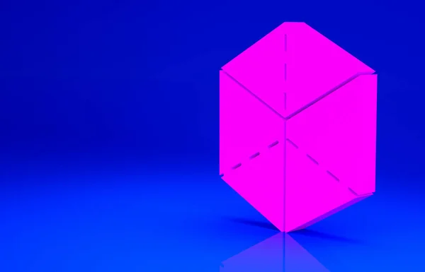 粉色几何图形立方体图标孤立在蓝色背景.抽象形状。几何装饰品。最低纲领的概念。3D渲染3D插图 — 图库照片