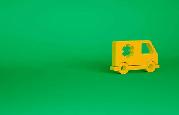 橙色救护车和紧急车辆图标隔离在绿色背景。救护车车辆医疗后送。最低纲领的概念。3D渲染3D插图 — 图库照片