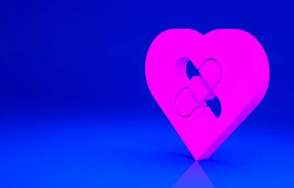 Rosa helade brustet hjärta eller skilsmässa ikon isolerad på blå bakgrund. Krossat och lappat hjärta. Kärlekssymbol. Alla hjärtans dag. Minimalistiskt koncept. 3D-återgivning för 3D — Stockfoto