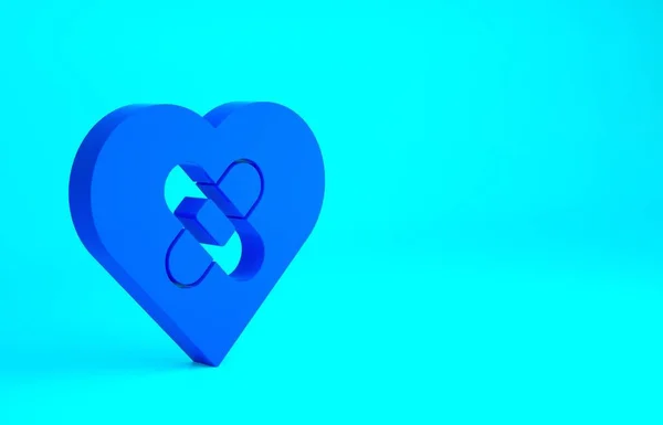 Blue Healed gebroken hart of scheiding pictogram geïsoleerd op blauwe achtergrond. Verbrijzeld en opgelapt hart. Liefdessymbool. Valentijnsdag. Minimalisme concept. 3d illustratie 3D renderen — Stockfoto