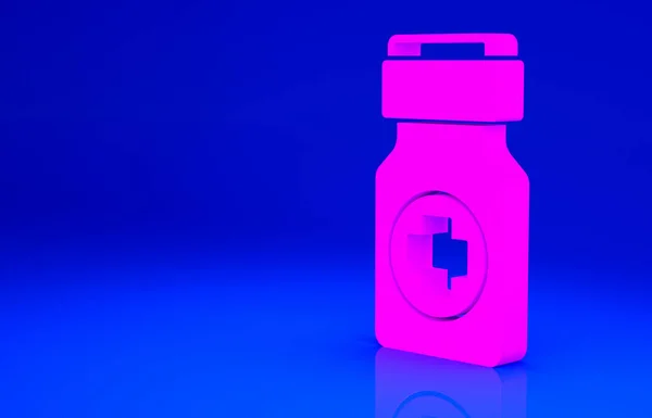ピンク医学ボトルと錠剤のアイコンは青の背景に隔離されています。瓶の丸薬のサイン。薬局の設計。最小限の概念。3Dイラスト3Dレンダリング — ストック写真