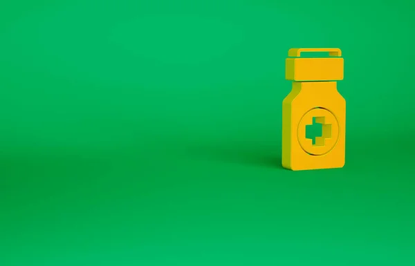Orange Medicine bottle and pills icon isolated on green background. Bottle pill sign. Pharmacy design. Minimalism concept. 3d illustration 3D render