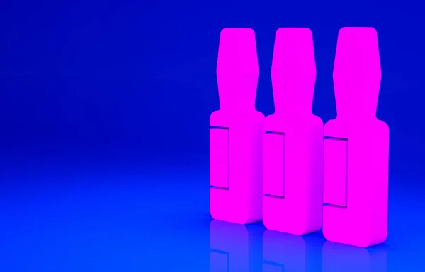 Różowa fiolka medyczna, ampułka, ikona butelki na niebieskim tle. Szczepienie, wstrzyknięcie, koncepcja opieki zdrowotnej. Koncepcja minimalizmu. Ilustracja 3D 3D renderowania — Zdjęcie stockowe