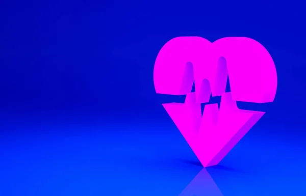 Рожева піктограма частоти серцевих скорочень ізольована на синьому фоні. Знак серцебиття. Значок пульсу серця. Піктограма кардіограми. Концепція мінімалізму. 3D ілюстрація 3D рендеринга — стокове фото
