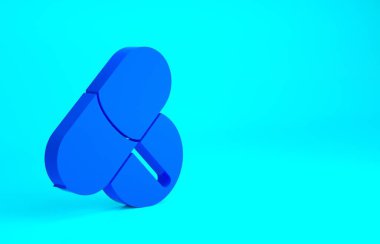 Mavi İlaç hapı ya da mavi arka planda izole edilmiş tablet ikonu. Kapsül hapı ve uyuşturucu işareti. Eczane tasarımı. Minimalizm kavramı. 3d illüstrasyon 3B canlandırma