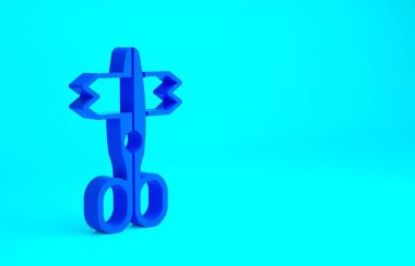 Mavi Makas simgesi mavi arkaplanda izole edildi. Terzi sembolü. Alet kesme işareti. Minimalizm kavramı. 3d illüstrasyon 3B canlandırma