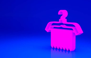 Mavi arka planda Pembe Askı elbise ikonu izole edildi. Temiz havlu işareti. Vestiyer ikonu. Kıyafet servis sembolü. Çamaşır askısı. Minimalizm kavramı. 3d illüstrasyon 3B canlandırma