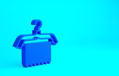 Mavi Askı giysi ikonu mavi arka planda izole edildi. Temiz havlu işareti. Vestiyer ikonu. Kıyafet servis sembolü. Çamaşır askısı. Minimalizm kavramı. 3d illüstrasyon 3B canlandırma