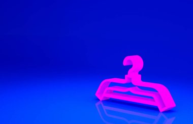 Mavi arka planda Pembe Askı elbise ikonu izole edildi. Vestiyer ikonu. Kıyafet servis sembolü. Çamaşır askı tabelası. Minimalizm kavramı. 3d illüstrasyon 3B canlandırma