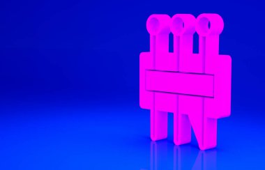 Mavi arkaplanda izole edilmiş ikon dikmek için pembe iğne. Terzi sembolü. Tekstil el sanatları tabelasını diker. Nakış aletleri. Minimalizm kavramı. 3d illüstrasyon 3B canlandırma