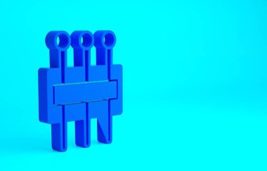 Mavi arkaplanda izole edilmiş ikon dikmek için mavi iğne. Terzi sembolü. Tekstil el sanatları tabelasını diker. Nakış aletleri. Minimalizm kavramı. 3d illüstrasyon 3B canlandırma
