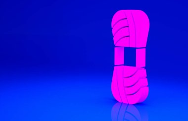 Mavi arkaplanda pembe iplik simgesi izole edildi. El yapımı, örgü ya da terzi için etiket. Minimalizm kavramı. 3d illüstrasyon 3B canlandırma