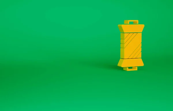 Oranžové šicí nitě na cívce ikony izolované na zeleném pozadí. Cívka z příze. Závitové cívky. Minimalismus. 3D ilustrace 3D vykreslení — Stock fotografie