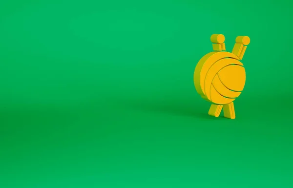 Bola de hilo naranja con agujas de punto icono aislado sobre fondo verde. Etiqueta para confeccionar a mano, tejer o sastrería. Concepto minimalista. 3D ilustración 3D render — Foto de Stock