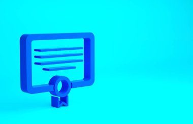 Mavi Sertifika şablon simgesi mavi arkaplanda izole edildi. Başarı, ödül, diploma, burs, diploma. İş başarısı sertifikası Minimalizm kavramı. 3d illüstrasyon 3B canlandırma