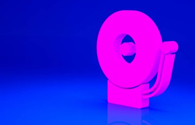 Pembe zil ikonu mavi arkaplanda izole edilmiş. Alarm sembolü, servis zili, el zili işareti, uyarı sembolü. Minimalizm kavramı. 3d illüstrasyon 3B canlandırma