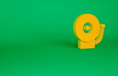 Turuncu zil simgesi yeşil arkaplanda izole edildi. Alarm sembolü, servis zili, el zili işareti, uyarı sembolü. Minimalizm kavramı. 3d illüstrasyon 3B canlandırma