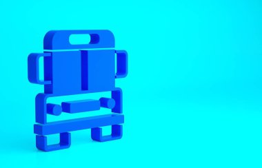 Mavi Okul Otobüsü simgesi mavi arkaplanda izole edildi. Toplu taşıma sembolü. Minimalizm kavramı. 3d illüstrasyon 3B canlandırma