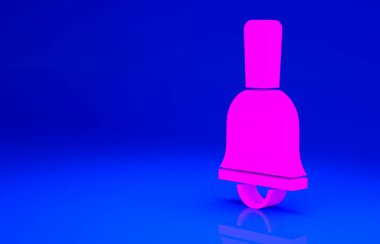 Pembe zil simgesi mavi arkaplanda izole edildi. Alarm sembolü, servis zili, el zili işareti, uyarı sembolü. Minimalizm kavramı. 3d illüstrasyon 3B canlandırma