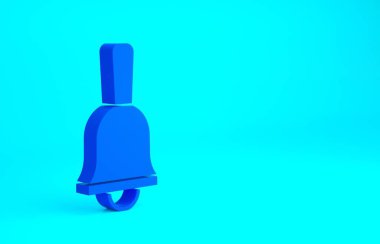 Mavi zil simgesi mavi arkaplanda izole edildi. Alarm sembolü, servis zili, el zili işareti, uyarı sembolü. Minimalizm kavramı. 3d illüstrasyon 3B canlandırma