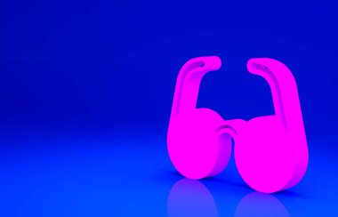 Mavi arkaplanda izole edilmiş pembe gözlük simgesi. Gözlük çerçevesi sembolü. Minimalizm kavramı. 3d illüstrasyon 3B canlandırma