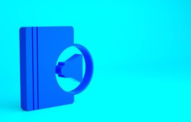 Mavi Ses kitabı simgesi mavi arkaplanda izole edildi. Kulaklıklı kitap. Ses rehberi işareti. Çevrimiçi öğrenme kavramı. Minimalizm kavramı. 3d illüstrasyon 3B canlandırma