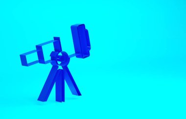 Mavi Teleskop simgesi mavi arkaplanda izole edildi. Bilimsel bir alet. Eğitim ve astronomi elementi, dürbün ve çalışma yıldızları. Minimalizm kavramı. 3d illüstrasyon 3B canlandırma