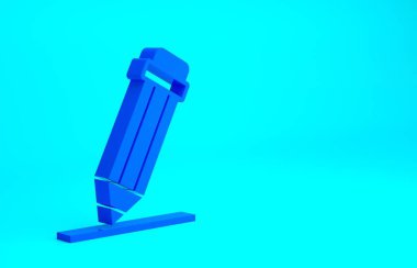 Mavi arka planda silgi simgesine sahip mavi kalem. Çizim ve eğitim araçları. Okul sembolü. Minimalizm kavramı. 3d illüstrasyon 3B canlandırma