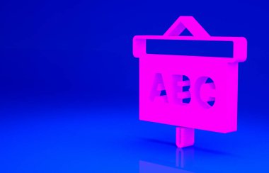 Mavi arkaplanda pembe karton simge izole edildi. Okul karatahtası. Minimalizm kavramı. 3d illüstrasyon 3B canlandırma