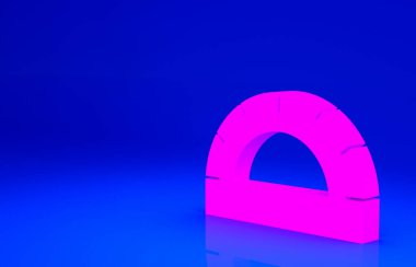 Mavi arkaplanda izole edilmiş derece simgesini ölçmek için pembe açılı ızgara. Eğim ölçer. Ölçme aleti. Geometrik sembol. Minimalizm kavramı. 3d illüstrasyon 3B canlandırma