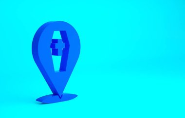 Mavi arka planda Hristiyan haçı simgesi olan mavi tabut. Mutlu Cadılar Bayramı Partisi. Minimalizm kavramı. 3d illüstrasyon 3B canlandırma