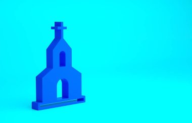 Mavi Kilise binası ikonu mavi arka planda izole edilmiş. Hıristiyan Kilisesi. Kilisenin dini. Minimalizm kavramı. 3d illüstrasyon 3B canlandırma