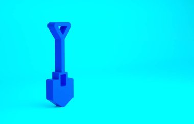 Mavi Kürek simgesi mavi arkaplanda izole edildi. Bahçe aletleri. Bahçecilik, tarım, çiftçilik aleti. Minimalizm kavramı. 3d illüstrasyon 3B canlandırma