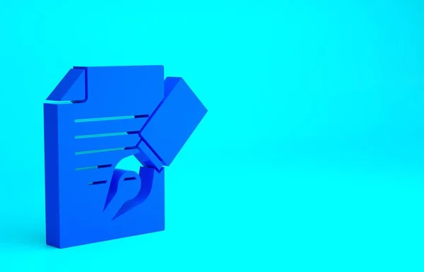 Modrý list a tužka s gumovou ikonou izolované na modrém pozadí. Testovací papír, zkouška, nebo průzkum koncepce. Školní test nebo zkouška. Minimalismus. 3D ilustrace 3D vykreslení — Stock fotografie
