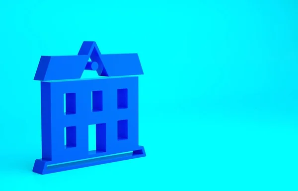 Ícone de edifício da escola azul isolado no fundo azul. Conceito de minimalismo. 3D ilustração 3D render — Fotografia de Stock