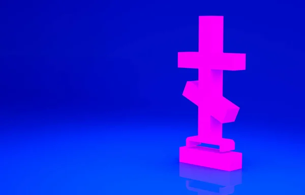 Рожева могила з хрестом, ізольованим на синьому фоні. Концепція мінімалізму. 3D-рендеринг — стокове фото