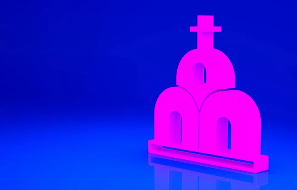 Pembe kilise binası ikonu mavi arka planda izole edilmiş. Hıristiyan Kilisesi. Kilisenin dini. Minimalizm kavramı. 3d illüstrasyon 3B canlandırma — Stok fotoğraf