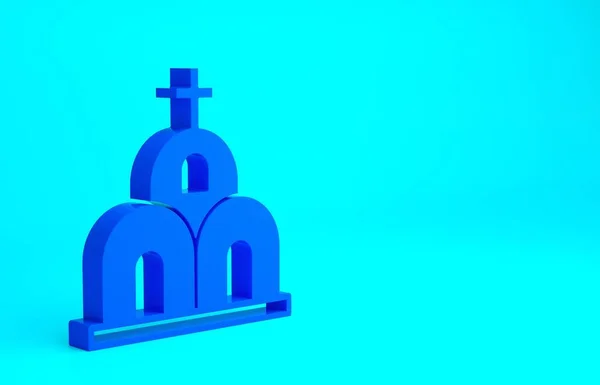 Blaue Kirche Gebäude Symbol isoliert auf blauem Hintergrund. Christliche Kirche. Religion der Kirche. Minimalismus-Konzept. 3D Illustration 3D Renderer — Stockfoto