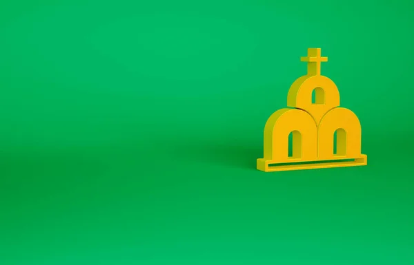 Orange Church building icon isolated on green background. Christian Church. Religion of church. Minimalism concept. 3d illustration 3D render