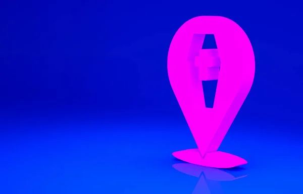 粉红棺材与克里斯天交叉图标隔离蓝色背景。万圣节快乐派对最低纲领的概念。3D渲染3D插图 — 图库照片