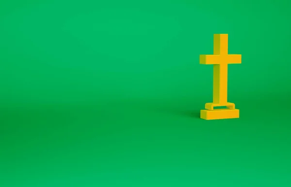 Tumba naranja con icono de cruz aislado sobre fondo verde. Concepto minimalista. 3D ilustración 3D render — Foto de Stock