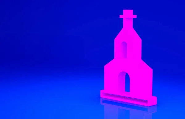 Pink Church bygger ikon isolert på blå bakgrunn. Kristne kirke. Kirkens religion. Minimaliseringskonsept. 3d illustrasjon 3D render – stockfoto